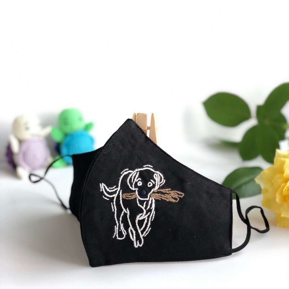 Doggy Hand embroidered linen face mask